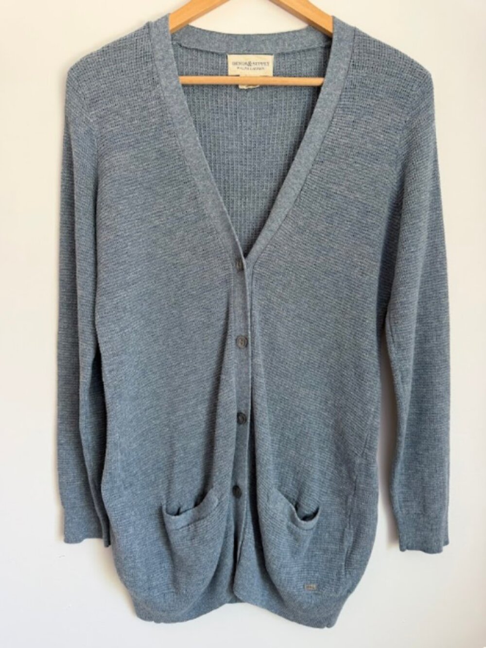 Denim & Supply Ralph Lauren Blue Waffle Knit V-Neck Cardigan Linen Cotton Blend